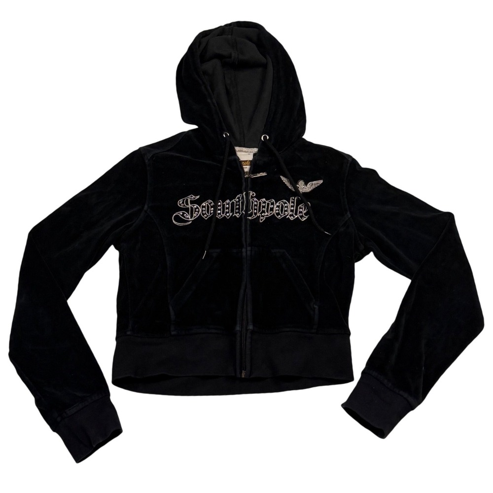 Southpole Zip Up‎ Hoodie Black Y2K Rhinestone Velour Cropped Girls Size S